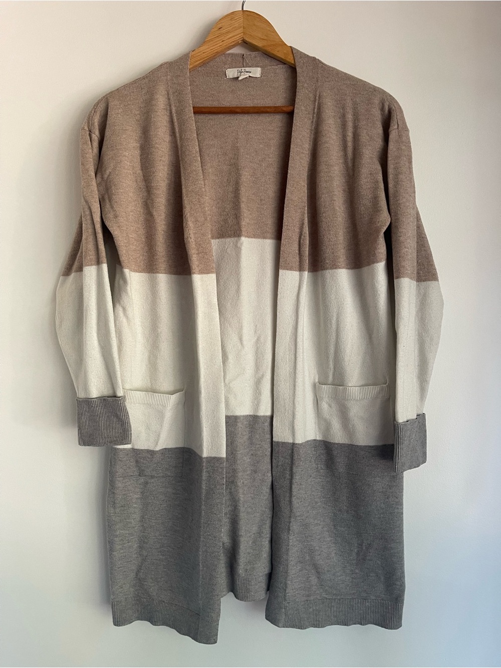 Peyton Primrose Colorblock Open Front Longline Cardigan Sweater Neutral Medium M